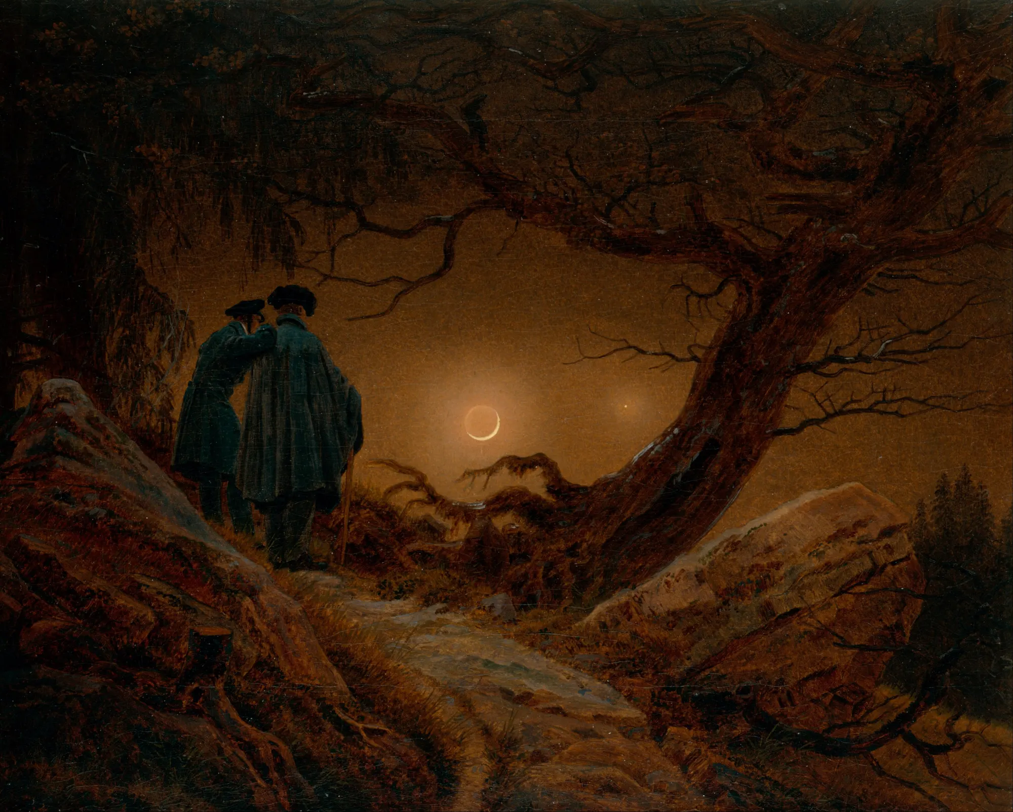 Two figures in coats stand at the edge of a wood beside a leaning fir, looking up at a low evening moon.