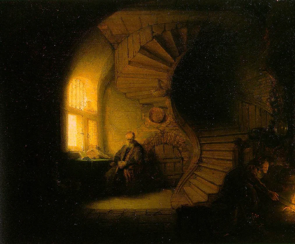 An old scholar seated by a tall arched window in a vaulted chamber, head bowed, a spiral wooden staircase winding up into shadow behind him.