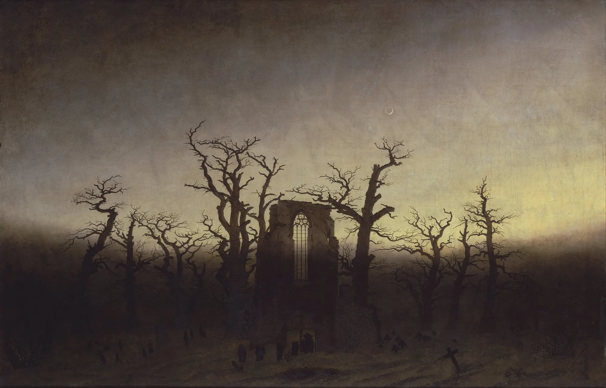 The ruined gothic facade of an abbey rising out of bare oaks under a pale winter sky; small dark figures process toward it.